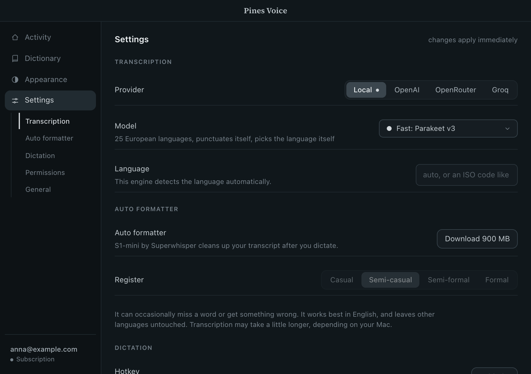 The Settings page of Pines Voice: a provider switch between Local, OpenAI, OpenRouter and Groq, the Parakeet local model selected, a language field, and the optional auto formatter.